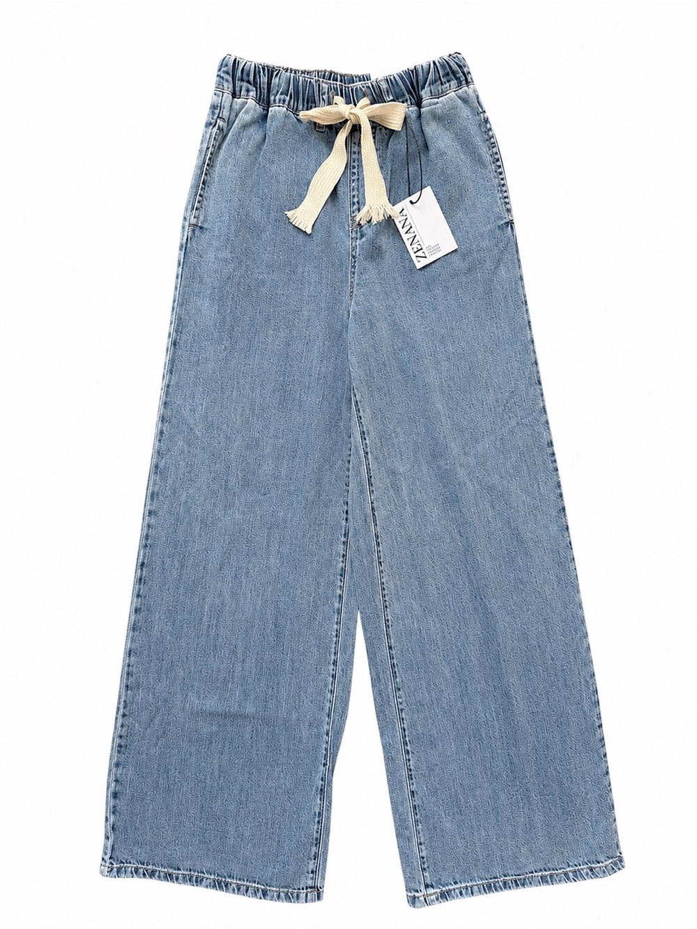 Zenana Wide Leg Drawstring Elastic Waist Denim Pants Size Small NWT